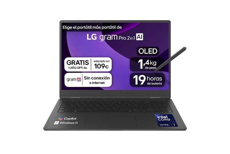 Vista frontal de Portátil 16" LG gram Pro 2en1 16T90TP, Windows 11 Home, Intel® Core™ Ultra7, 32 GB RAM, 1TB SSD, Panel IPS WQXGA+ (2880x1800), Ligero 1,4 kg, 19 h, AI, Negro 16T90TP-K.AD88BN